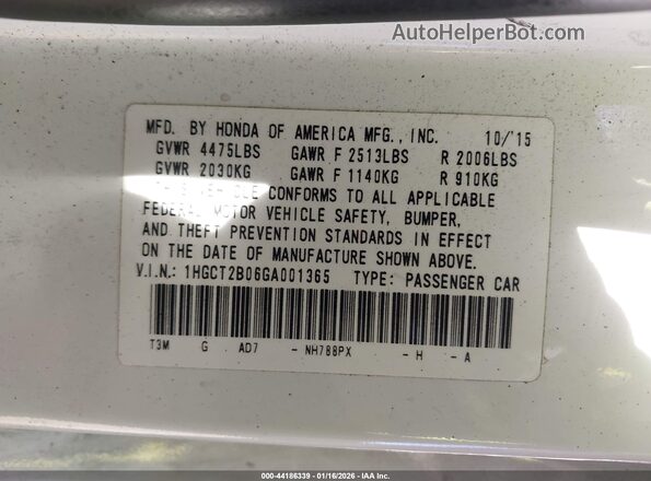 1HGCT2B06GA001365 2016 HONDA ACCORD White Widok komory silnika
