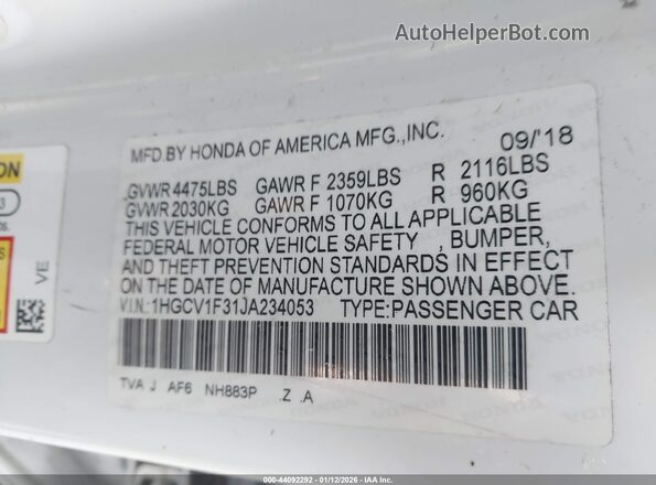 1HGCV1F31JA234053 2018 HONDA ACCORD White ძრავის განყოფილების ხედი