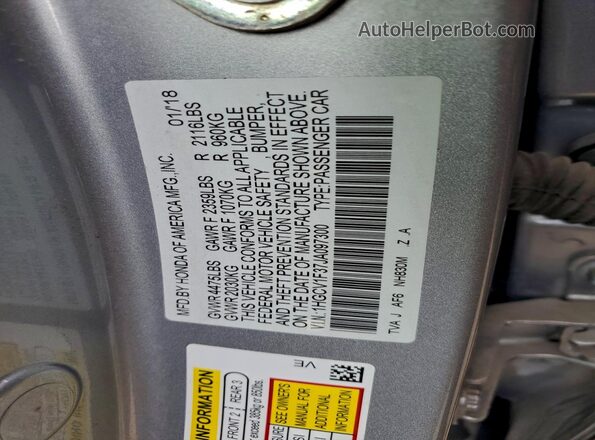 1HGCV1F37JA097300 2018 HONDA ACCORD Серебряный Вид наклейки с VIN-кодом