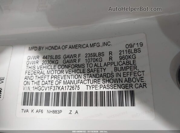 1HGCV1F37KA172675 2019 HONDA ACCORD Белый Вид подкапотного пространства