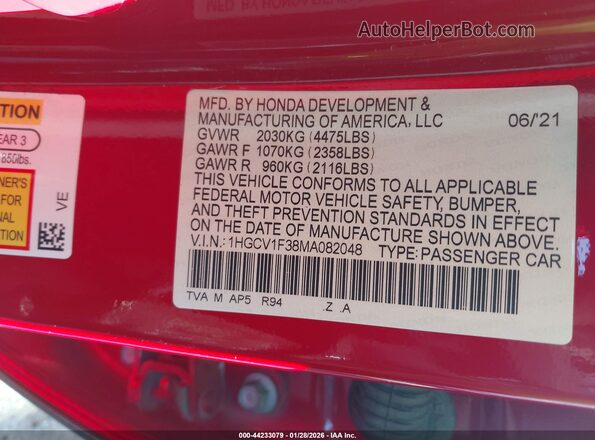 1HGCV1F38MA082048 2021 HONDA ACCORD Красный Вид подкапотного пространства