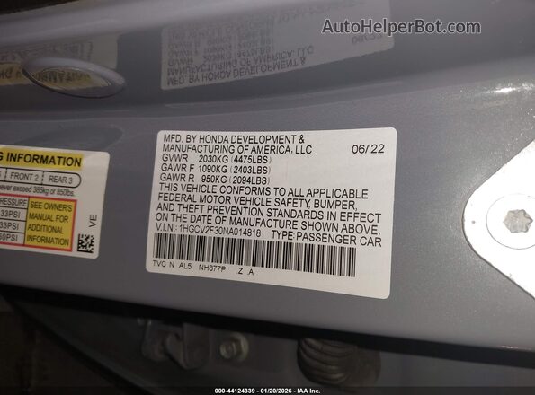 1HGCV2F30NA014818 2022 HONDA ACCORD Синий Вид подкапотного пространства