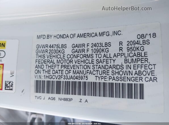 1HGCV2F33JA045975 2018 HONDA ACCORD Белый Вид подкапотного пространства
