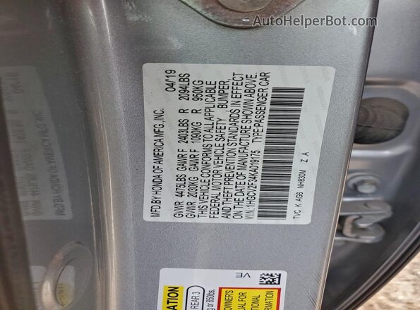 1HGCV2F34KA019175 2019 HONDA ACCORD Серебряный Вид наклейки с VIN-кодом