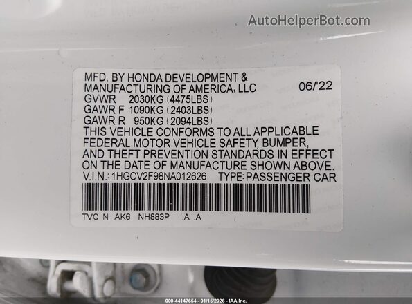 1HGCV2F98NA012626 2022 HONDA ACCORD Белый Вид подкапотного пространства