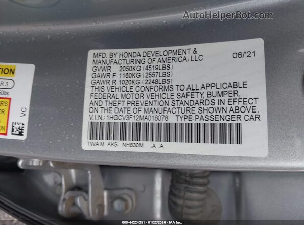 1HGCV3F12MA018078 2021 HONDA ACCORD HYBRID Серебряный Вид подкапотного пространства