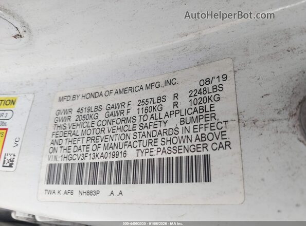 1HGCV3F13KA019916 2019 HONDA ACCORD HYBRID White Vista del compartimento del motor