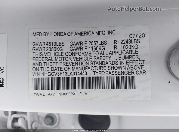 1HGCV3F13LA014443 2020 HONDA ACCORD HYBRID White ძრავის განყოფილების ხედი