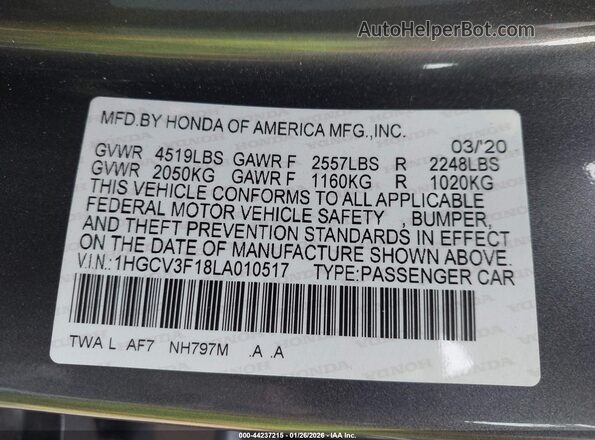 1HGCV3F18LA010517 2020 HONDA ACCORD HYBRID Серый Вид подкапотного пространства