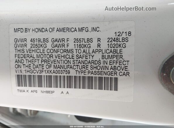 1HGCV3F1XKA003759 2019 HONDA ACCORD HYBRID White Vista del compartimento del motor