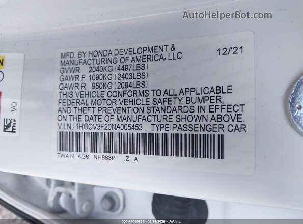 1HGCV3F20NA005453 2022 HONDA ACCORD HYBRID Белый Вид подкапотного пространства