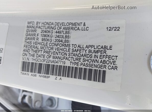 1HGCV3F22NA047719 2022 HONDA ACCORD HYBRID Белый Вид подкапотного пространства