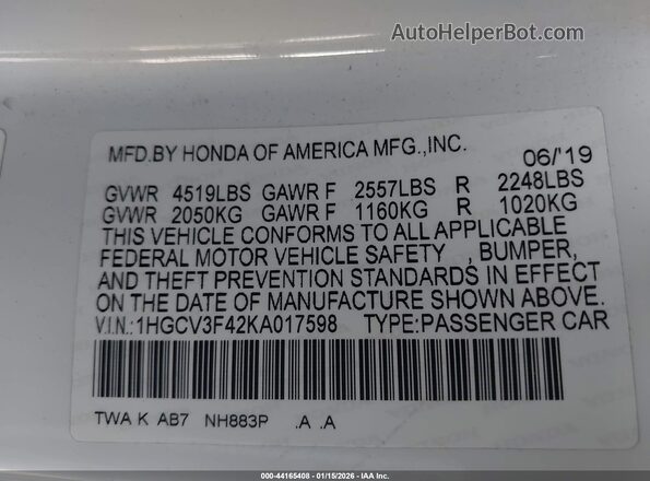 1HGCV3F42KA017598 2019 HONDA ACCORD HYBRID White Vista del compartimento del motor