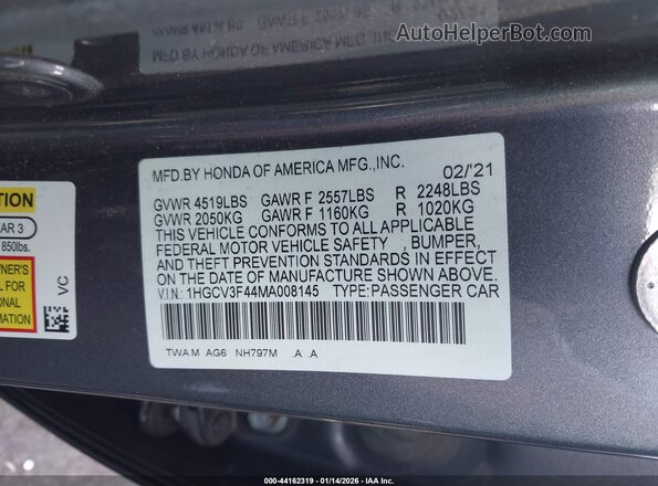 1HGCV3F44MA008145 2021 HONDA ACCORD HYBRID Gray Вид підкапотного простору