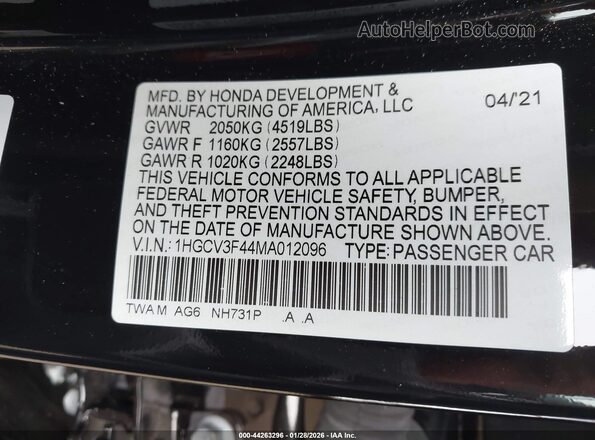 1HGCV3F44MA012096 2021 HONDA ACCORD HYBRID Black Շարժիչի բաժամունքի տեսք