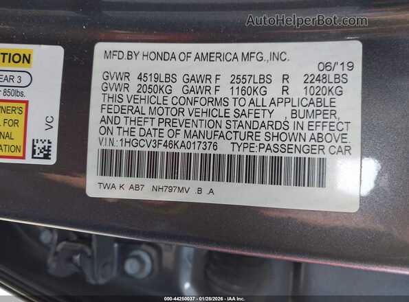1HGCV3F46KA017376 2019 HONDA ACCORD HYBRID Gray Շարժիչի բաժամունքի տեսք
