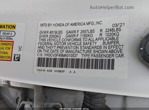 1HGCV3F49MA010537 2021 HONDA ACCORD HYBRID Белый Вид подкапотного пространства