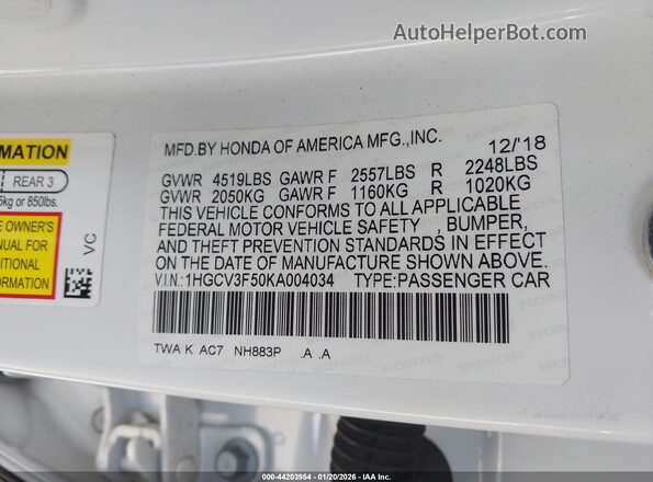 1HGCV3F50KA004034 2019 HONDA ACCORD HYBRID White Vista del compartimento del motor