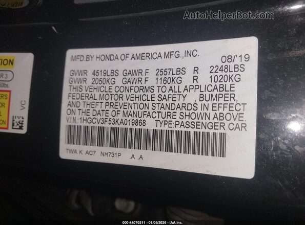 1HGCV3F53KA019868 2019 HONDA ACCORD HYBRID Black Vista del compartimento del motor