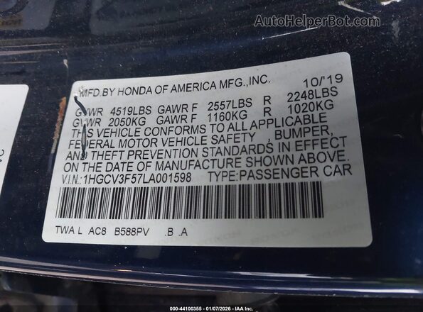 1HGCV3F57LA001598 2020 HONDA ACCORD HYBRID Blue Widok komory silnika