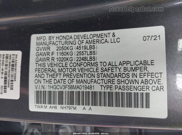1HGCV3F58MA019481 2021 HONDA ACCORD HYBRID Серый Вид подкапотного пространства