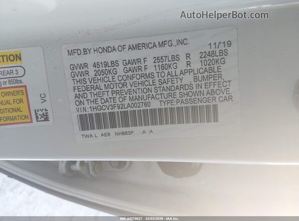 1HGCV3F92LA002760 2020 HONDA ACCORD HYBRID Белый Вид подкапотного пространства