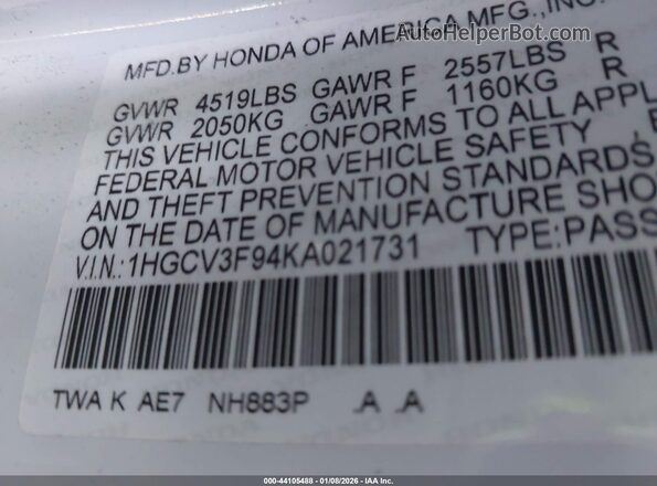 1HGCV3F94KA021731 2019 HONDA ACCORD HYBRID White Вид підкапотного простору