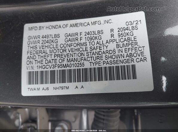 1HGCV3F95MA010255 2021 HONDA ACCORD HYBRID Gray ძრავის განყოფილების ხედი