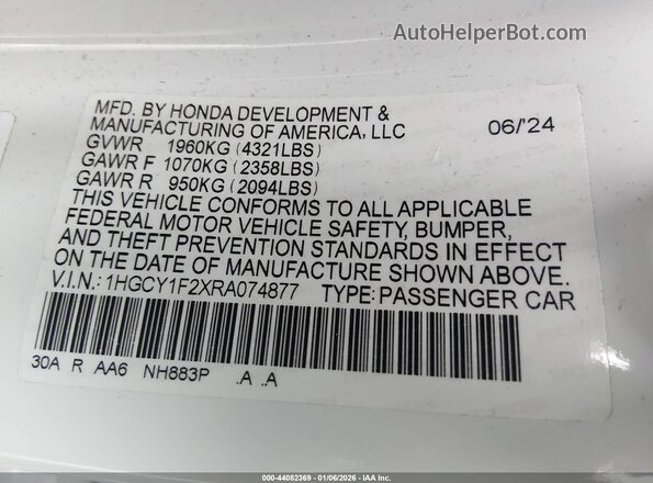 1HGCY1F2XRA074877 2024 HONDA ACCORD Белый Вид подкапотного пространства