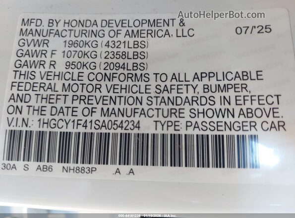 1HGCY1F41SA054234 2025 HONDA ACCORD Белый Вид подкапотного пространства