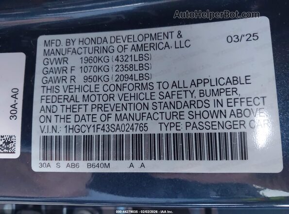 1HGCY1F43SA024765 2025 HONDA ACCORD Blue Engine compartment view