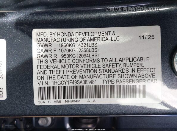 1HGCY1F49SA083481 2025 HONDA ACCORD Серый Вид подкапотного пространства