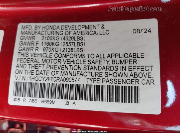 1HGCY2F60RA090577 2024 HONDA ACCORD HYBRID Красный Вид подкапотного пространства