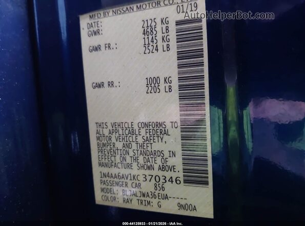 1N4AA6AV1KC370346 2019 NISSAN MAXIMA Dark Blue Вид подкапотного пространства