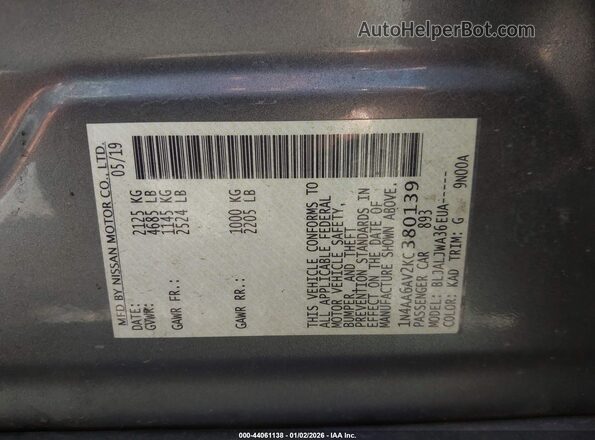 1N4AA6AV2KC380139 2019 NISSAN MAXIMA Серый Вид подкапотного пространства