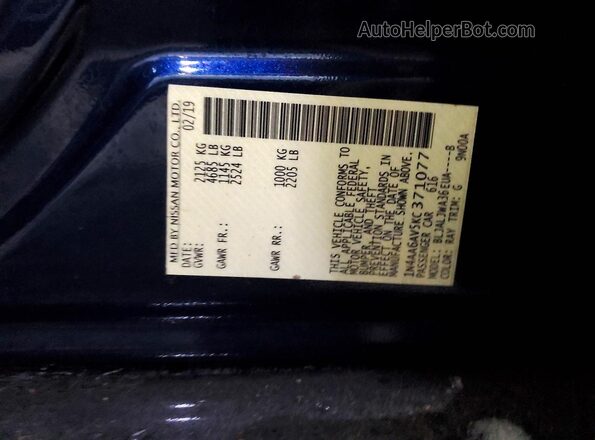 1N4AA6AV5KC371077 2019 NISSAN MAXIMA Синий Вид наклейки с VIN-кодом