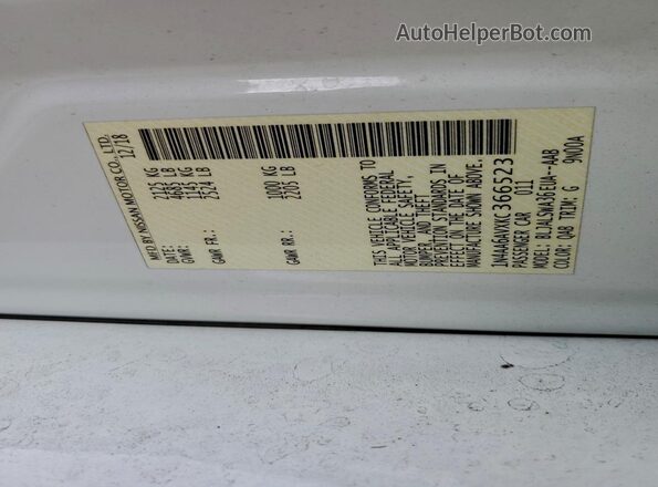 1N4AA6AVXKC366523 2019 NISSAN MAXIMA White Widok naklejki z numerem VIN