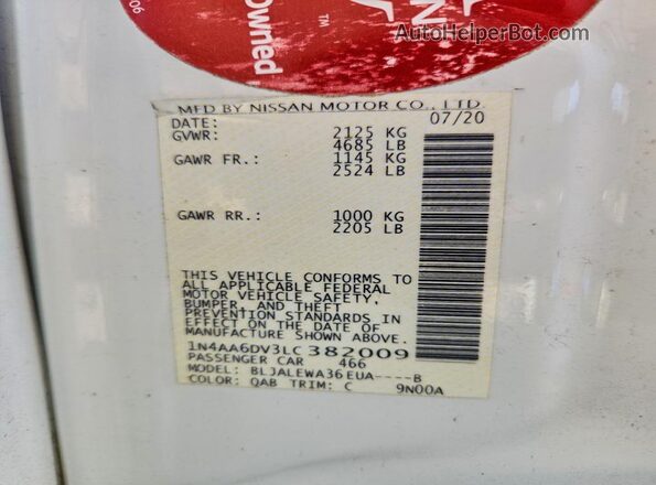 1N4AA6DV3LC382009 2020 NISSAN MAXIMA SL Белый Вид подкапотного пространства