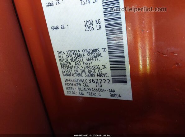 1N4AA6EV4LC362222 2020 NISSAN MAXIMA SR Оранжевый Вид подкапотного пространства