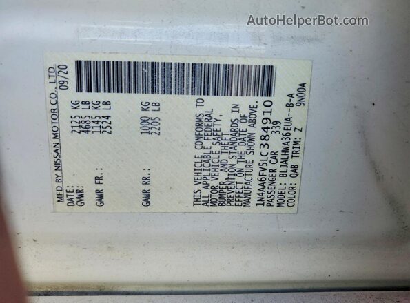 1N4AA6FV5LC384910 2020 NISSAN MAXIMA PLATINUM Белый Вид подкапотного пространства