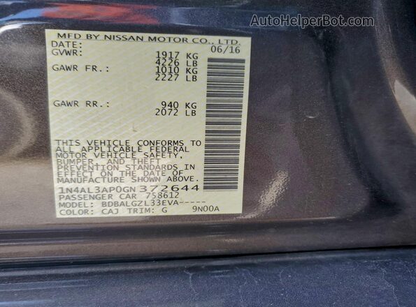 1N4AL3AP0GN372644 2016 NISSAN ALTIMA Gray Вид наклейки з VIN-кодом