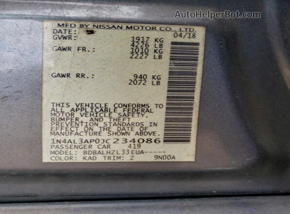 1N4AL3AP0JC234086 2018 NISSAN ALTIMA Gray Vista de la etiqueta del VIN