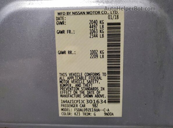 1N4AZ1CP1JC301634 2018 NISSAN LEAF Gray Вид наклейки з VIN-кодом