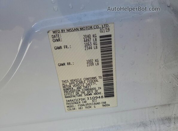 1N4AZ1CP1KC310948 2019 NISSAN LEAF Белый Вид наклейки с VIN-кодом
