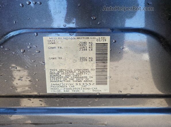1N4AZ1CP2KC313552 2019 NISSAN LEAF Gray Widok naklejki z numerem VIN
