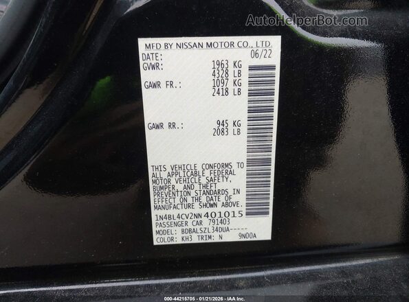 1N4BL4CV2NN401015 2022 NISSAN ALTIMA Black Widok komory silnika