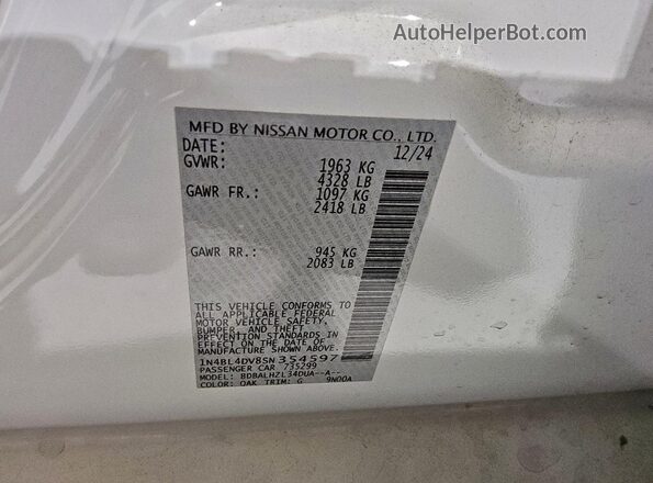 1N4BL4DV8SN354597 2025 NISSAN ALTIMA White Widok naklejki z numerem VIN