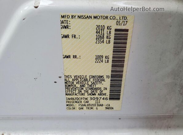 1N4BZ0CP7HC309746 2017 NISSAN LEAF White Вид наклейки з VIN-кодом