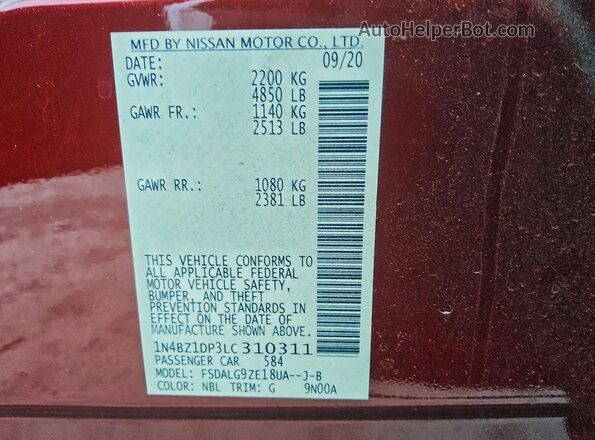 1N4BZ1DP3LC310311 2020 NISSAN LEAF Красный Вид подкапотного пространства