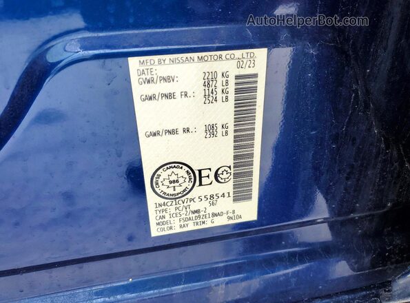 1N4CZ1CV7PC558541 2023 NISSAN LEAF Синий Вид наклейки с VIN-кодом
